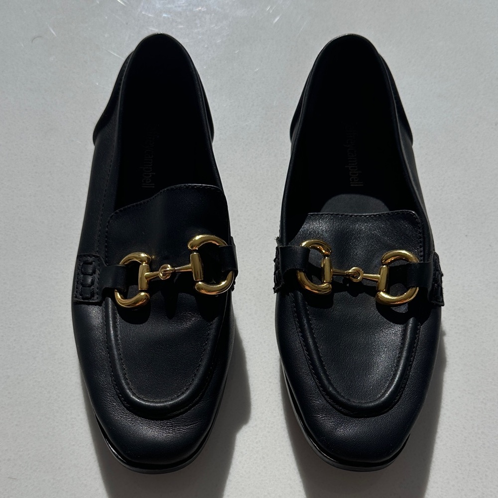 Jeffrey Campbell Black Leather Loafers with Gold Accents
